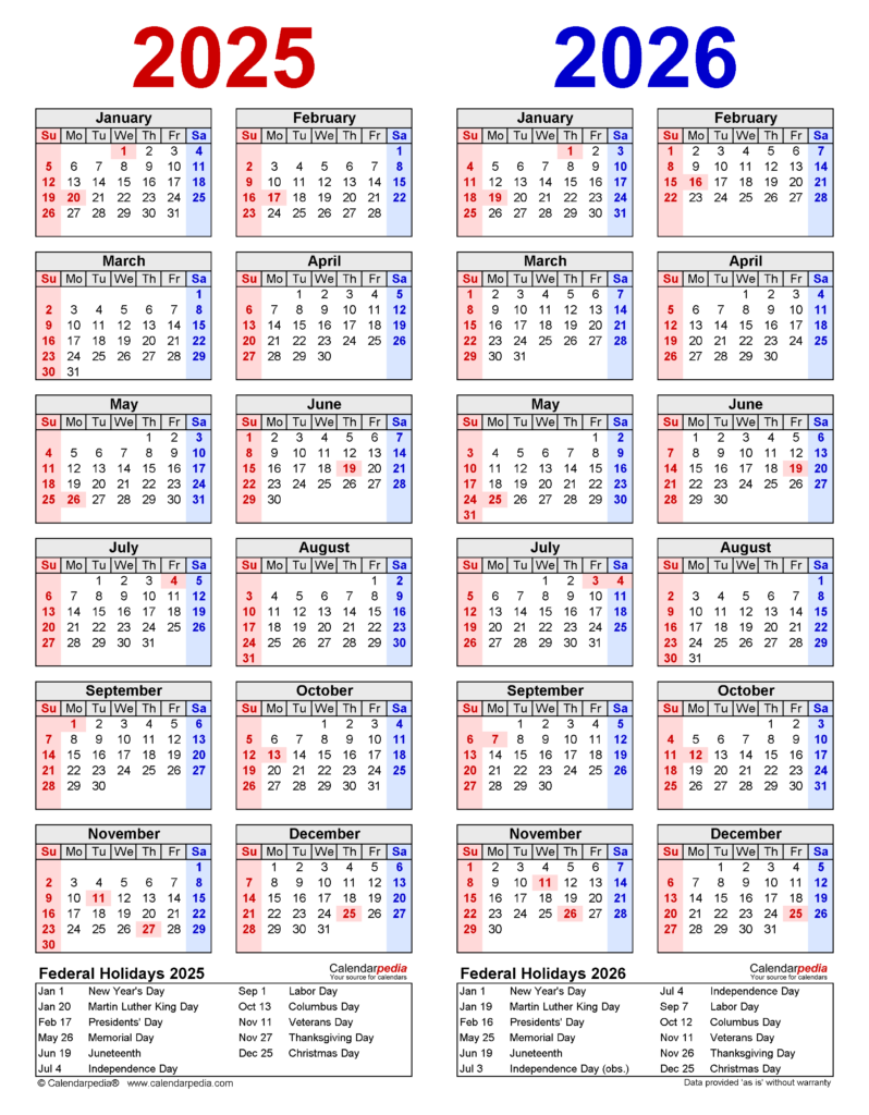 2025 2026 Two Year Calendar Free Printable PDF Templates