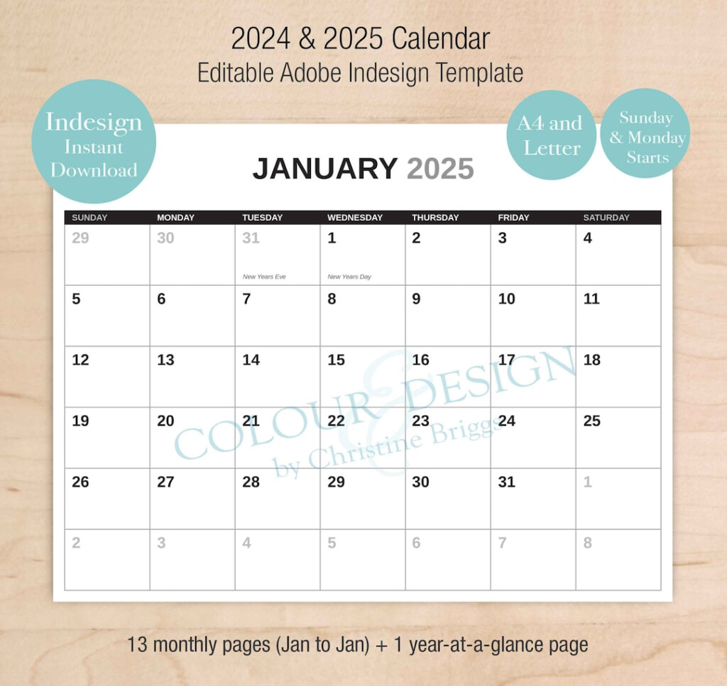 2025 Calendar Indesign Template Editable 13 Month Calendar Year At A 