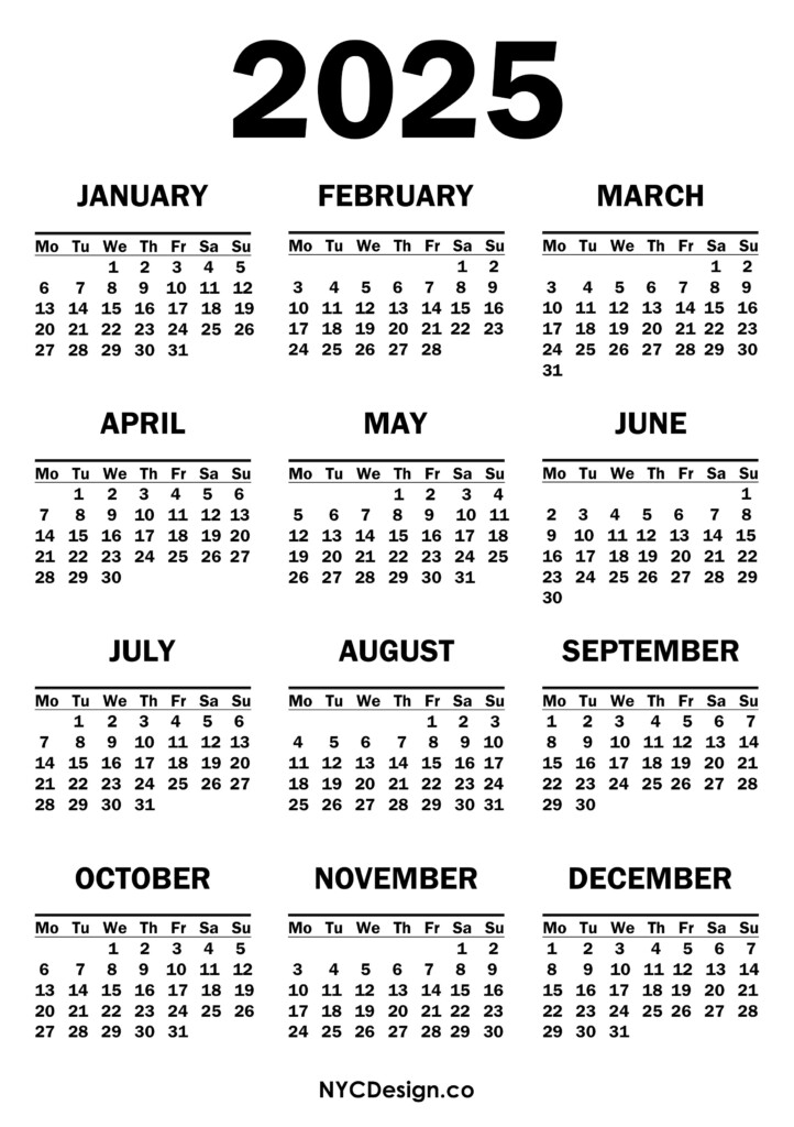 2025 Calendar Printable Free White Monday Start Nycdesign us 