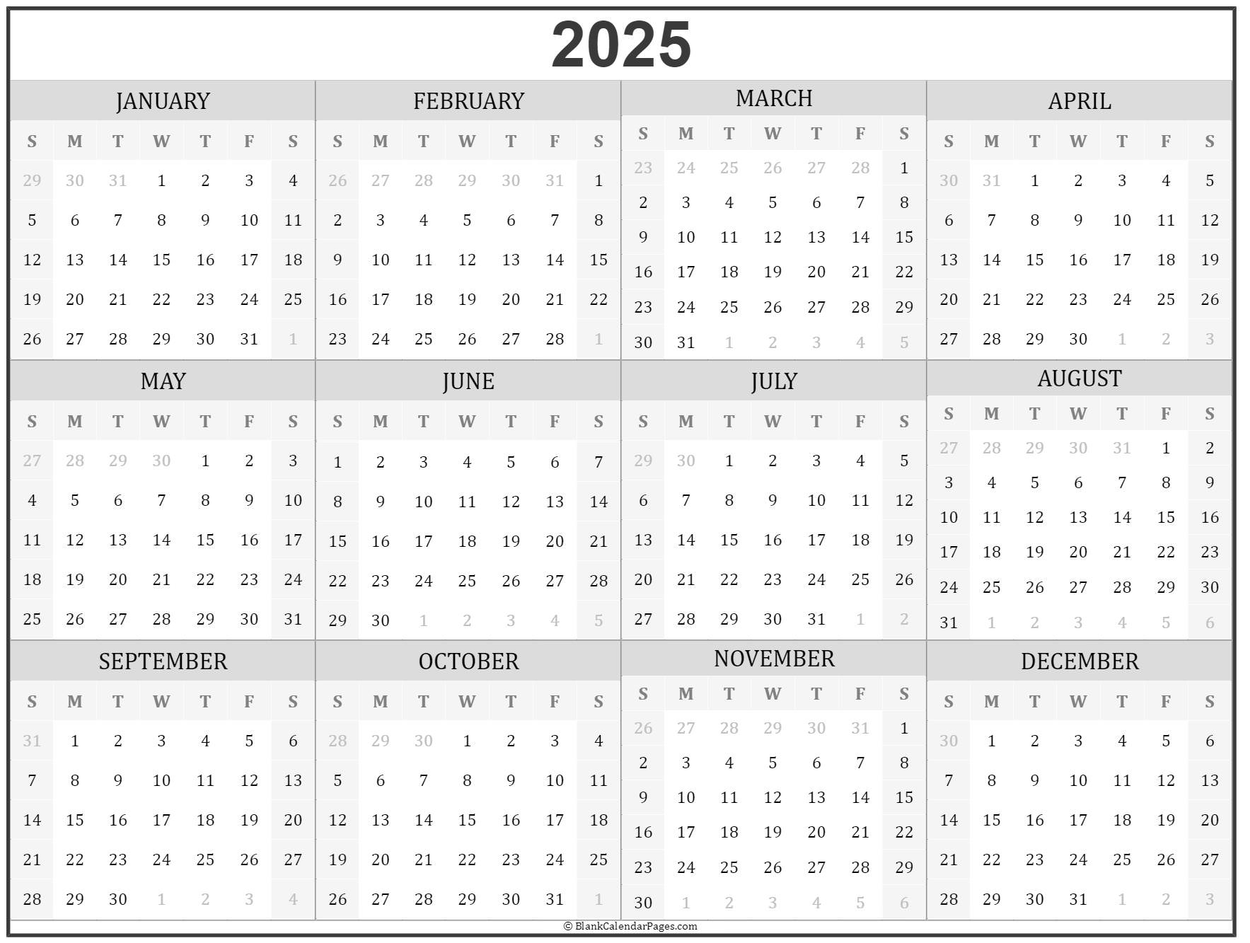 2025 Year Calendar Yearly Printable Web Page Calendar