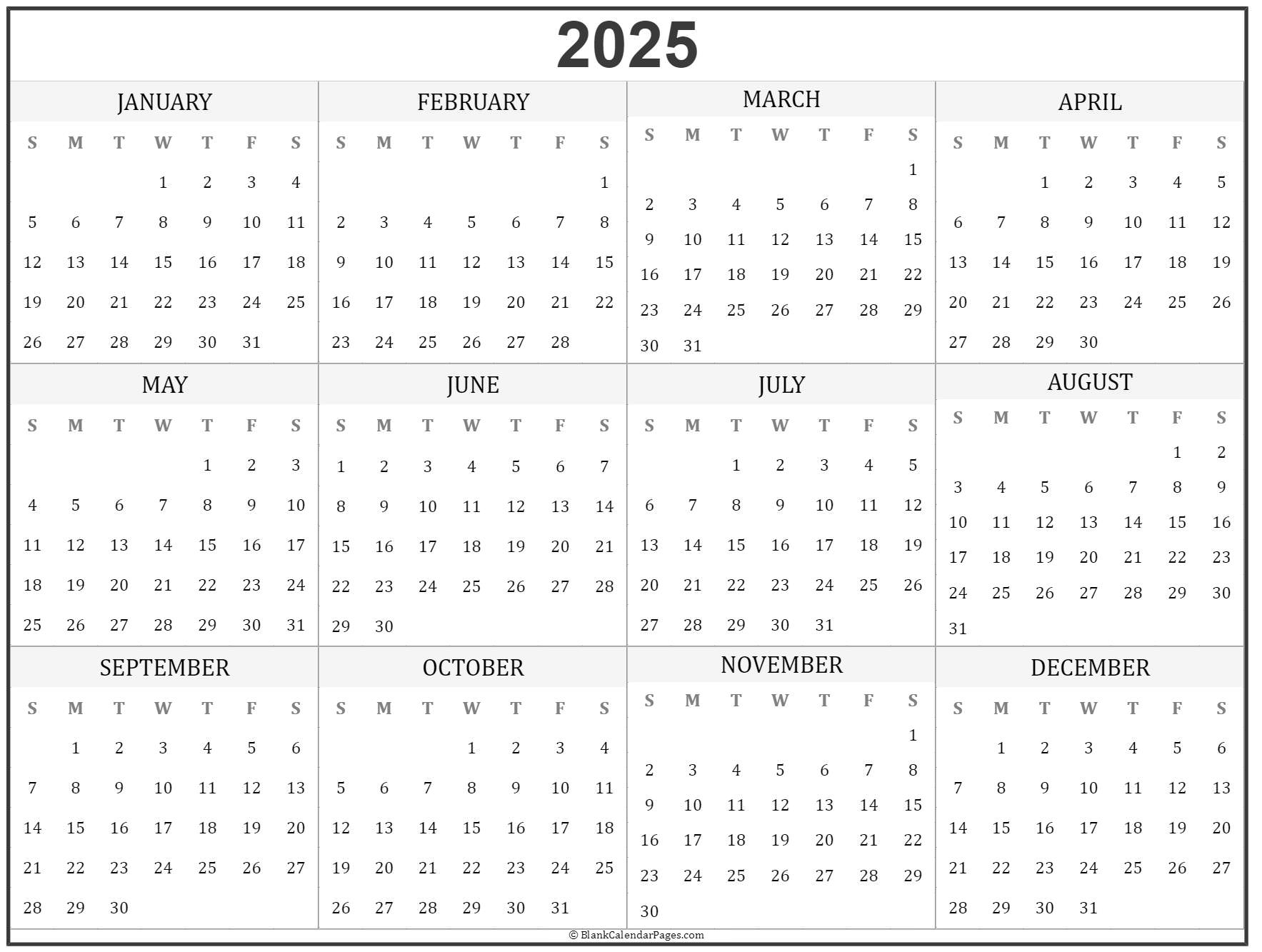 2025 Year Calendar Yearly Printable Web Page Calendar