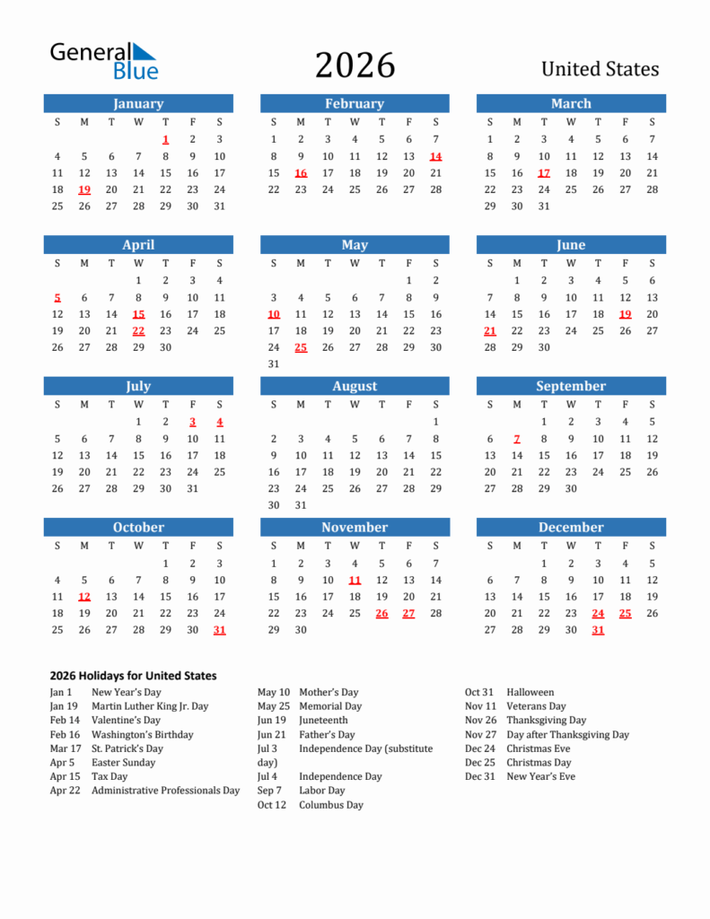 2026 United States Calendar With Holidays