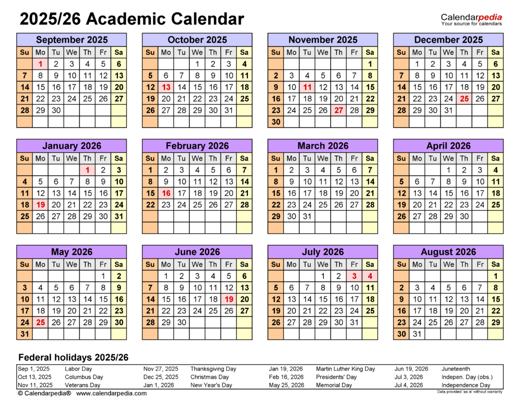 Academic Calendars 2025 2026 Free Printable PDF Templates