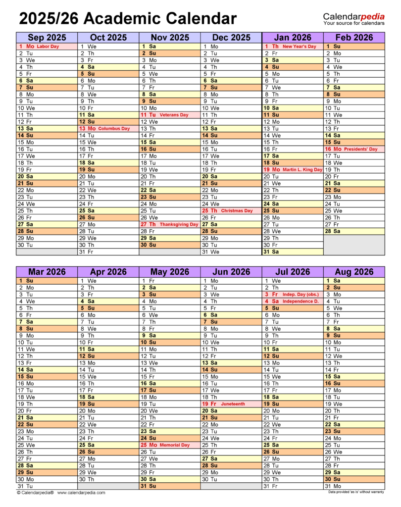 Academic Calendars 2025 2026 Free Printable Word Templates