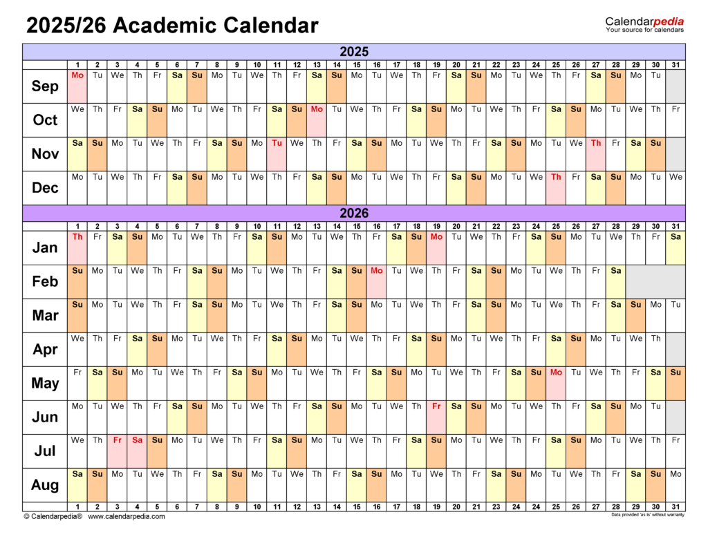 Academic Calendars 2025 2026 Free Printable Word Templates