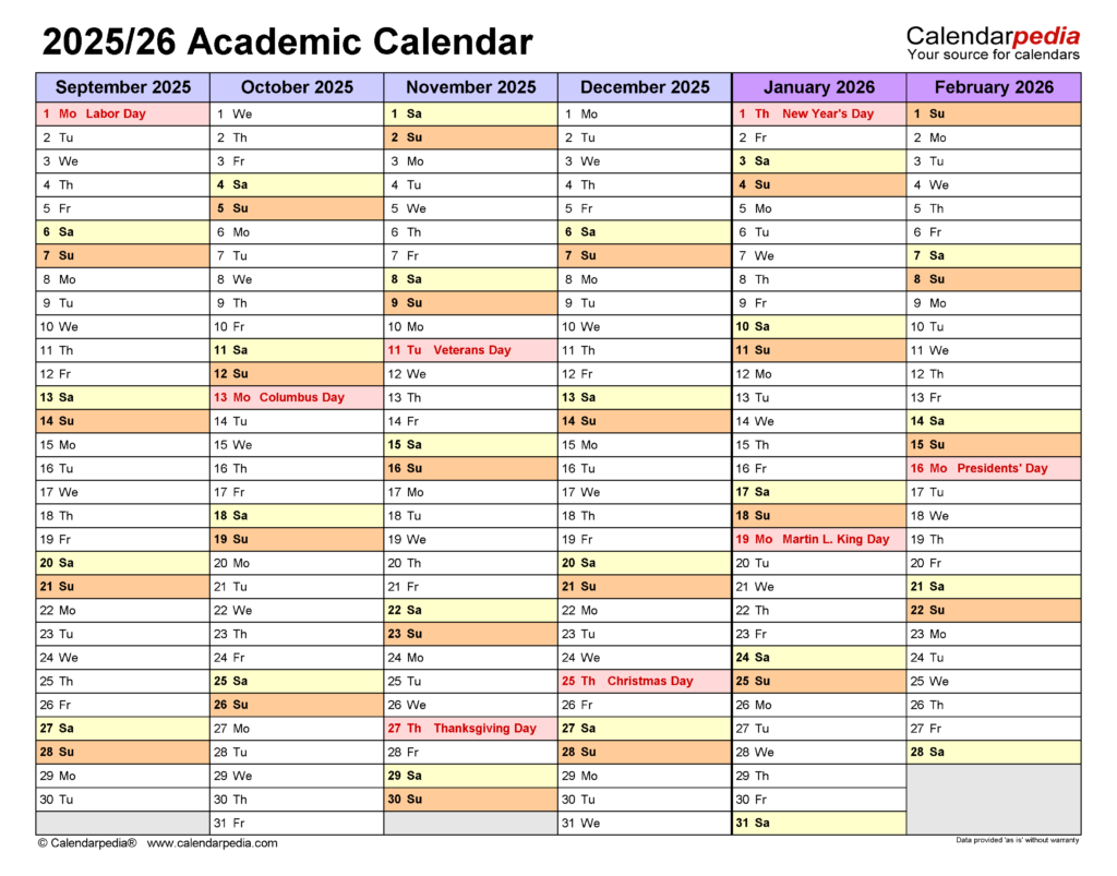 Academic Calendars 2025 2026 Free Printable Word Templates