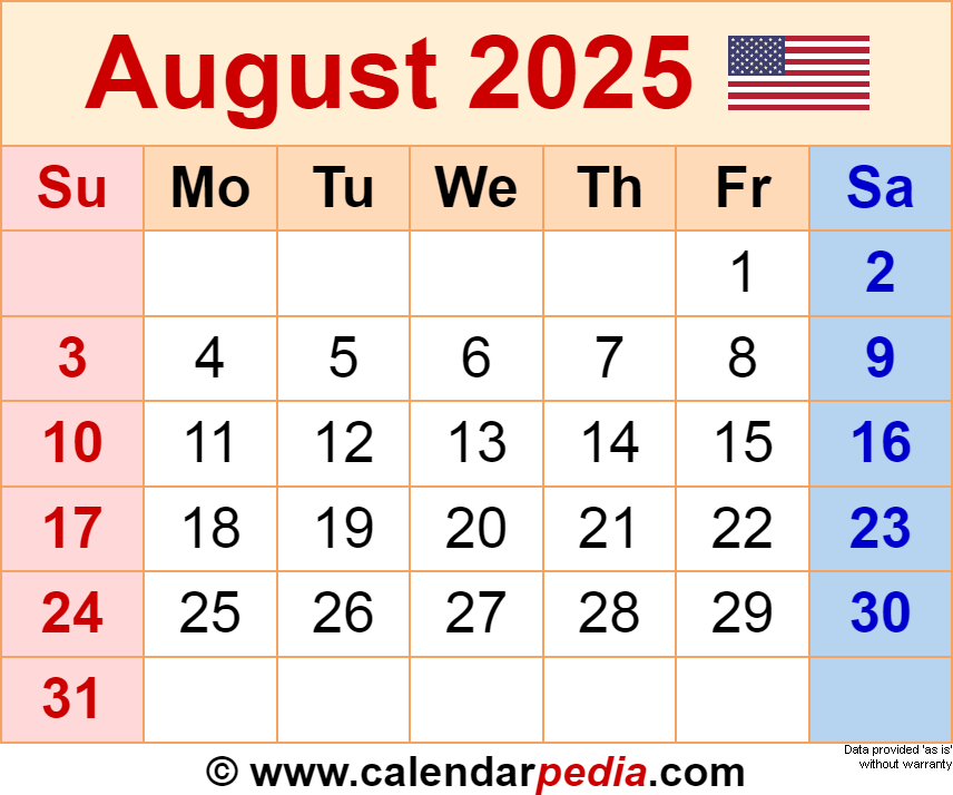 August 2025 Calendar Templates For Word Excel And PDF