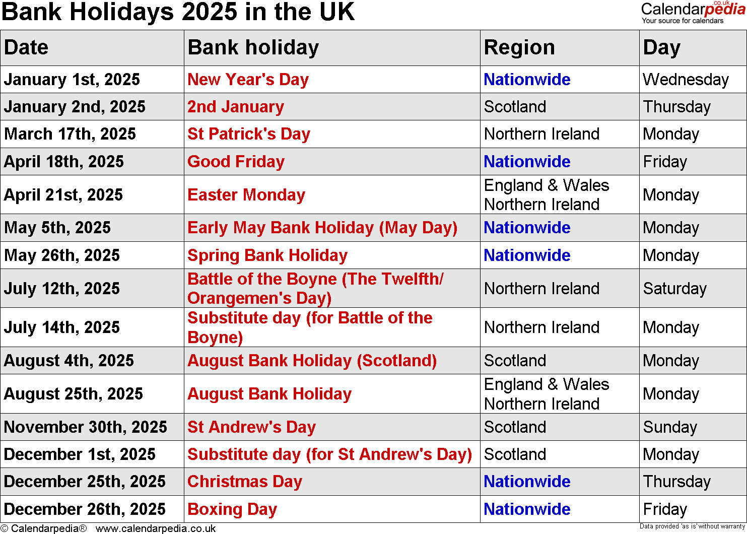 2025 Calendar Bank Holidays - Web Page Calendar