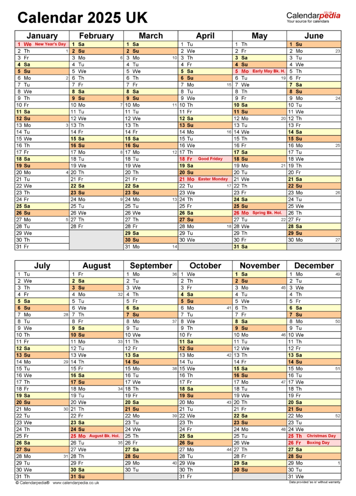 Calendar 2025 UK Free Printable Microsoft Excel Templates