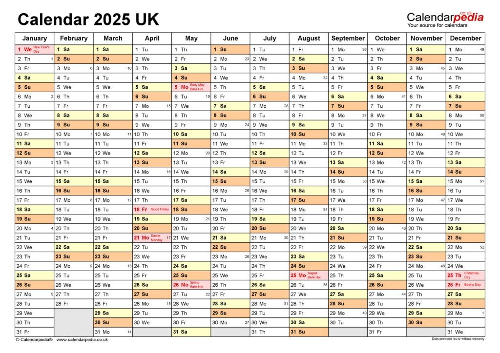 Calendar 2025 UK Free Printable Microsoft Excel Templates