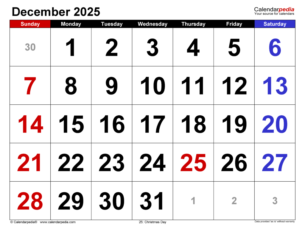 December 2025 Calendar Templates For Word Excel And PDF