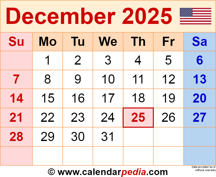 December 2025 Calendar Templates For Word Excel And PDF