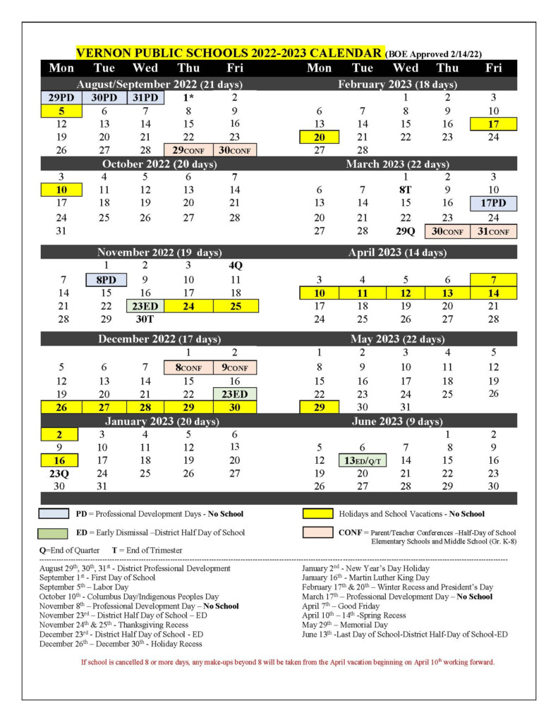 District Calendar Vernon Public Schools