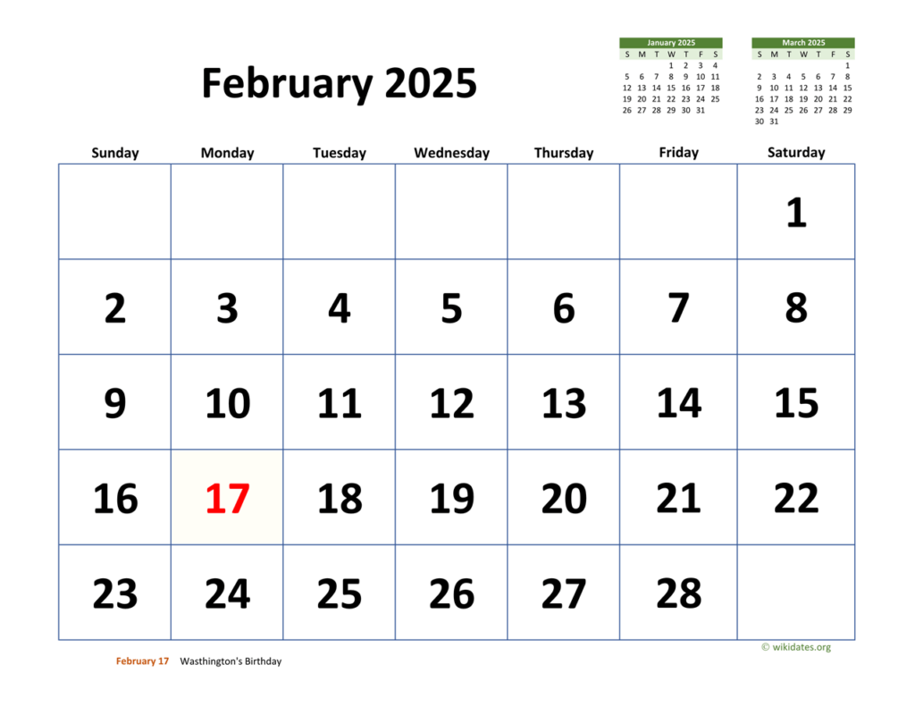 February 2025 Calendar With Extra large Dates WikiDates