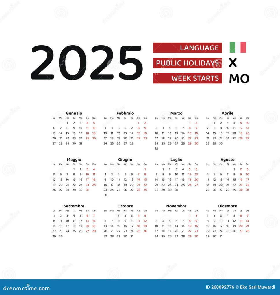 Italy Calendar 2025 Week Starts From Monday Vector Graphic Design 