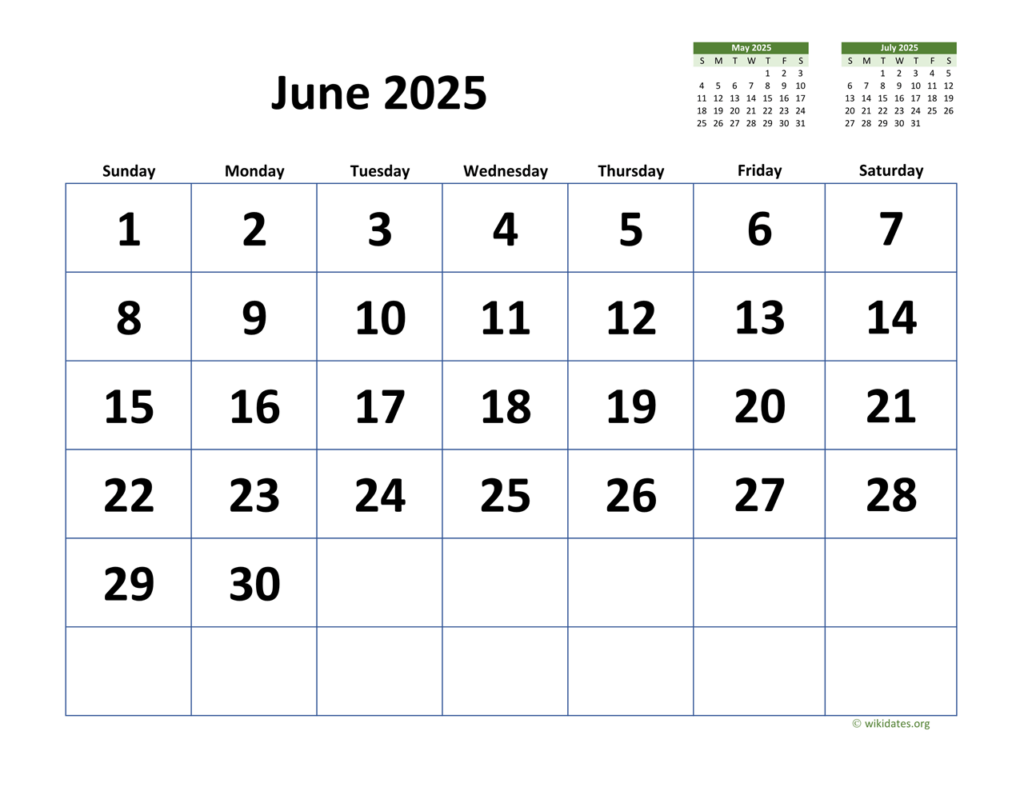June 2025 Calendar With Extra large Dates WikiDates