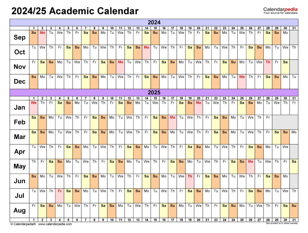 Linear Academic Calendar 2024 2025 Template Free Printable Bobbi Chrissy