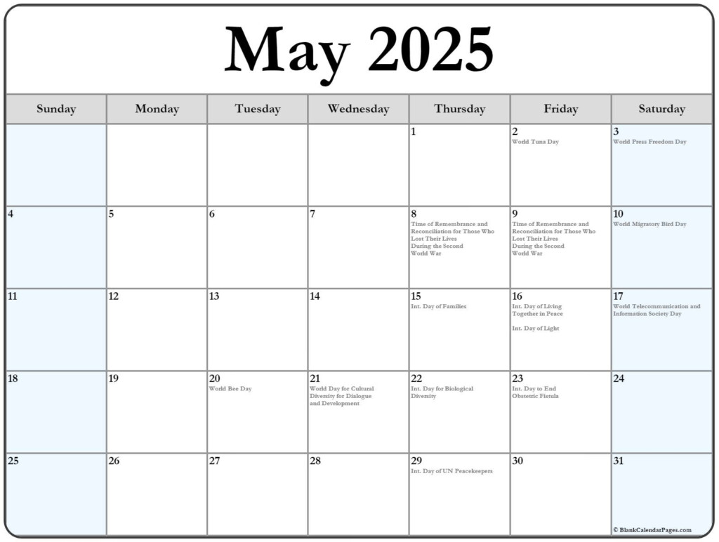 May 2025 With Holidays Calendar