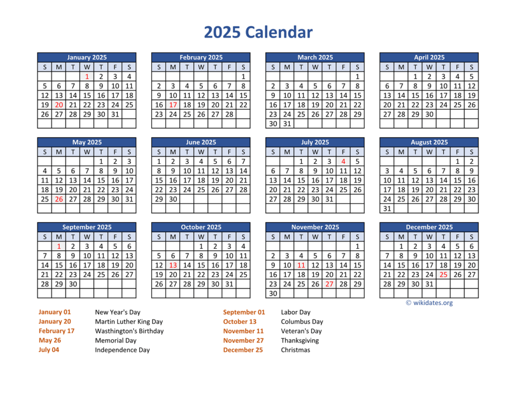 PDF Calendar 2025 With Federal Holidays WikiDates