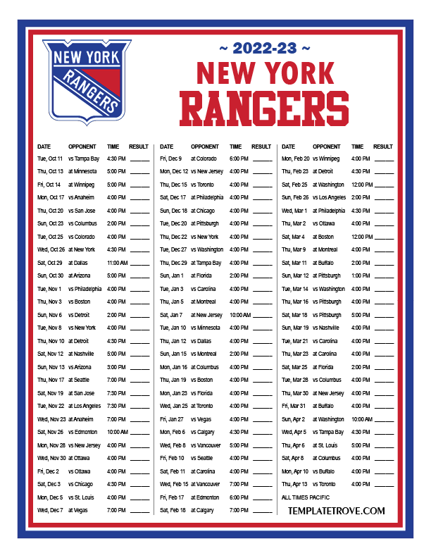 Printable 2022 2023 New York Rangers Schedule