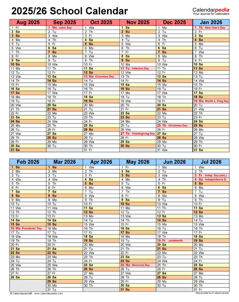 School Calendars 2025 2026 Free Printable Excel Templates