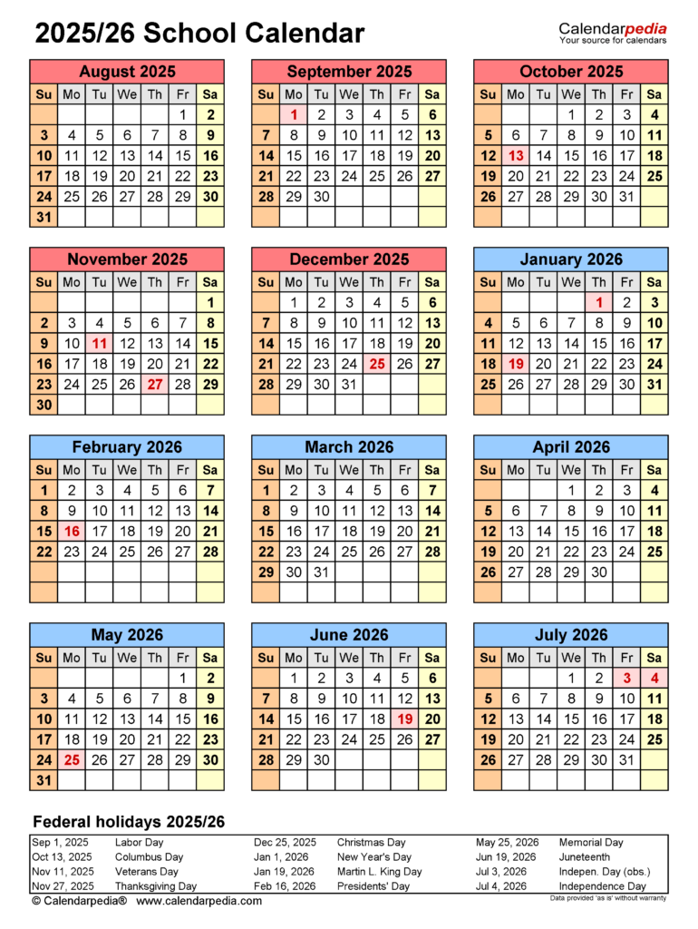 School Calendars 2025 2026 Free Printable Excel Templates