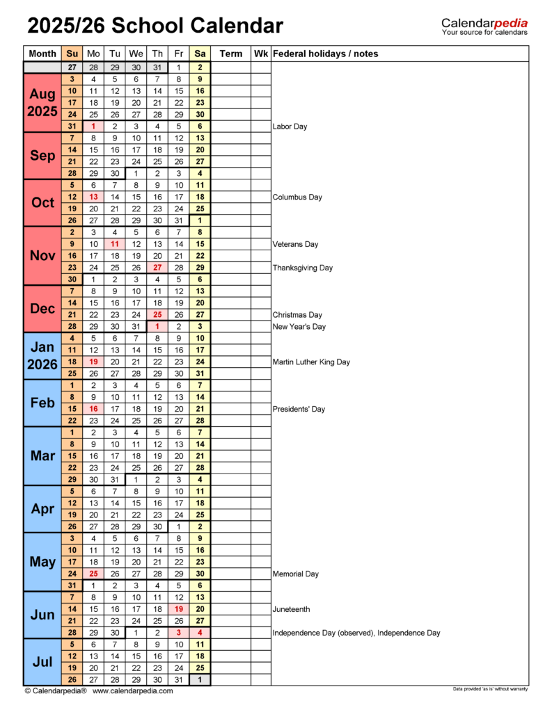 School Calendars 2025 2026 Free Printable PDF Templates