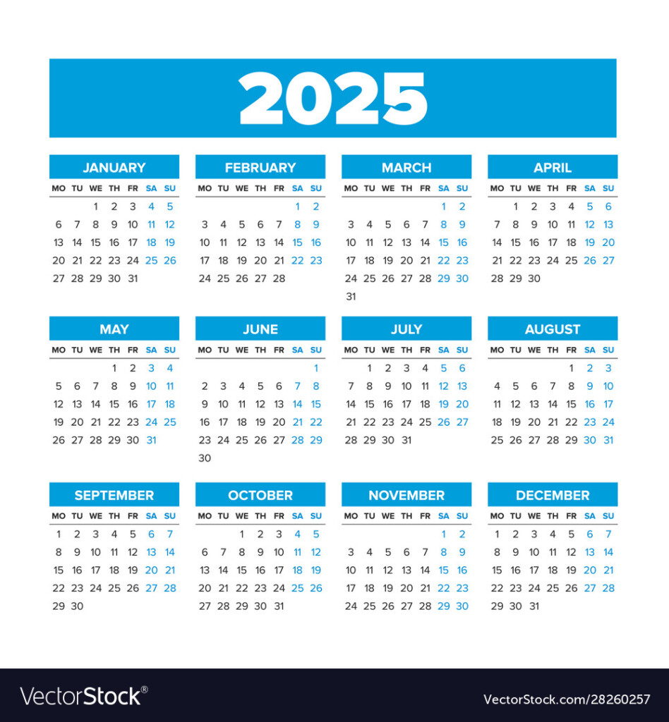 Simple Calendar 2025 Weeks Start On Monday Vector Image