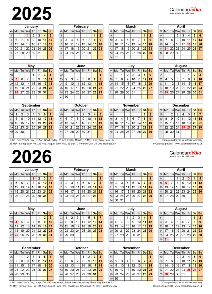 Two Year Calendars For 2025 2026 UK For Excel