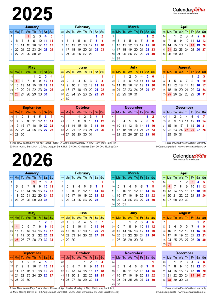Two Year Calendars For 2025 2026 UK For Excel