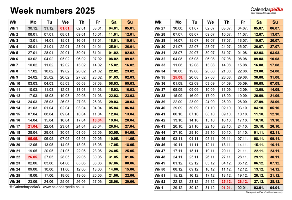 Week Numbers 2025 With Excel Word And PDF Templates