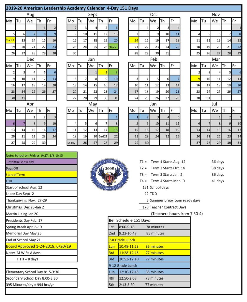 Yearly School Calendar American Leadership Academy