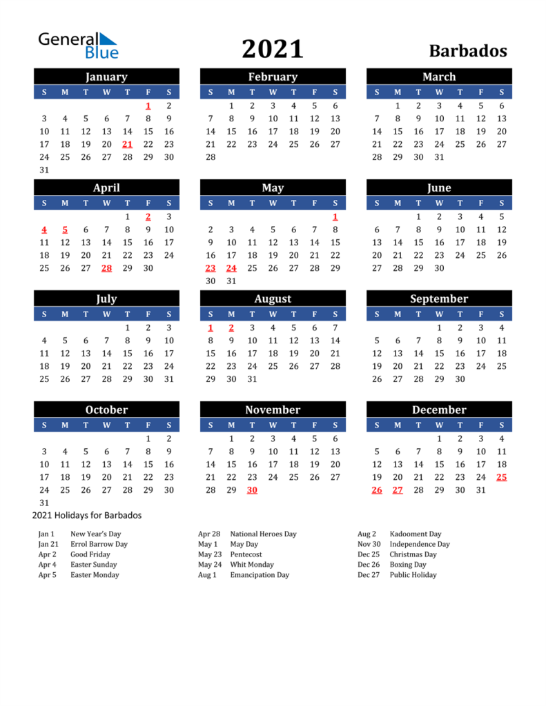 2021 Barbados Calendar With Holidays