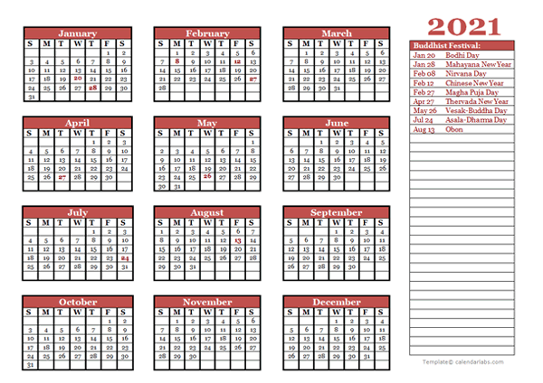 2021 Buddhist Festivals Calendar Template Free Printable Templates