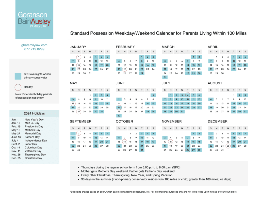 2024 Texas Standard Possession Calendar Child Custody Guide