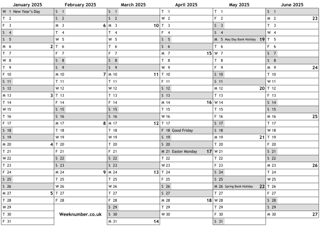 2025 Calendar With Week Numbers And Holidays For England Official 