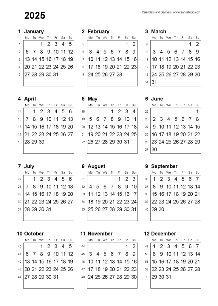 2025 Calendar With Weeks Numbered Printable Dulsea Petunia
