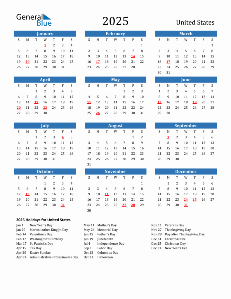 2025 United States Calendar With Holidays