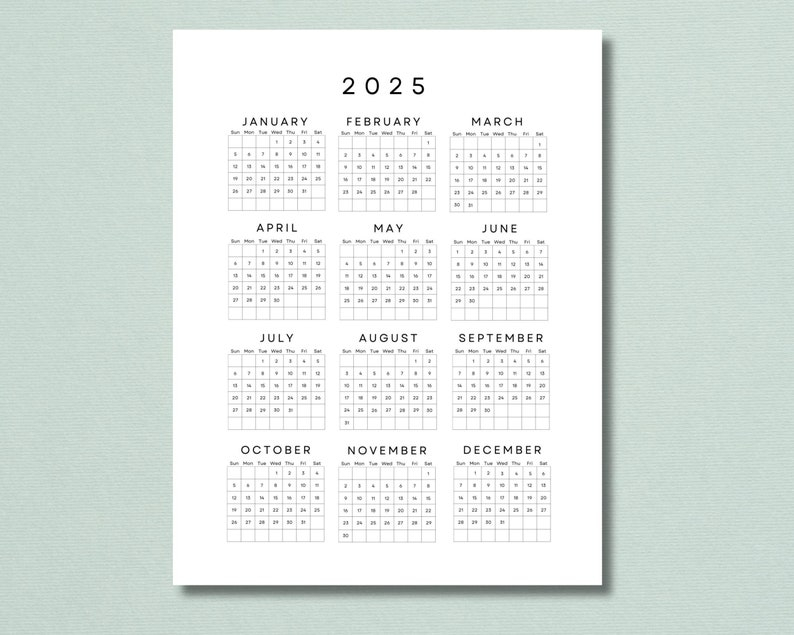 2025 Yearly Calendar One Sheet Printable Year At A Glance 2025 Desk 