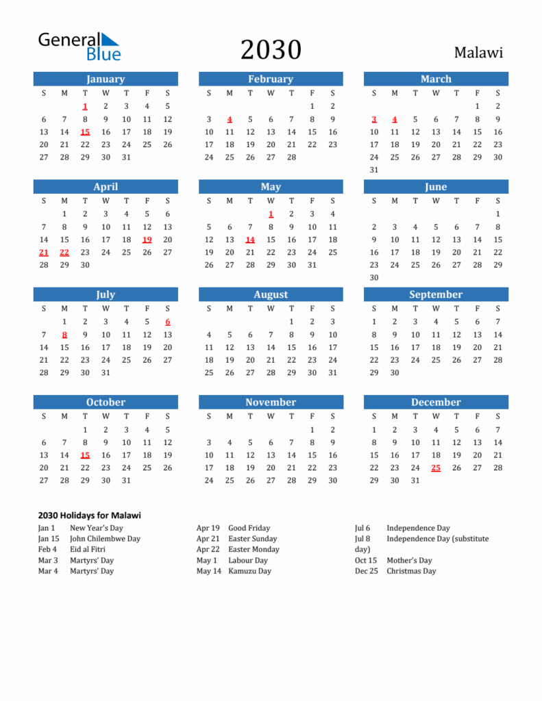 2030 Malawi Calendar With Holidays