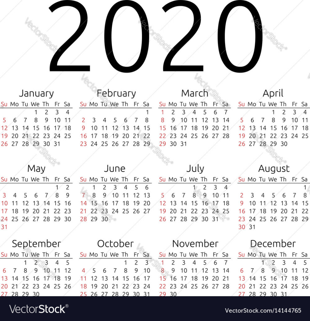 Calendar 2020 Sunday Royalty Free Vector Image