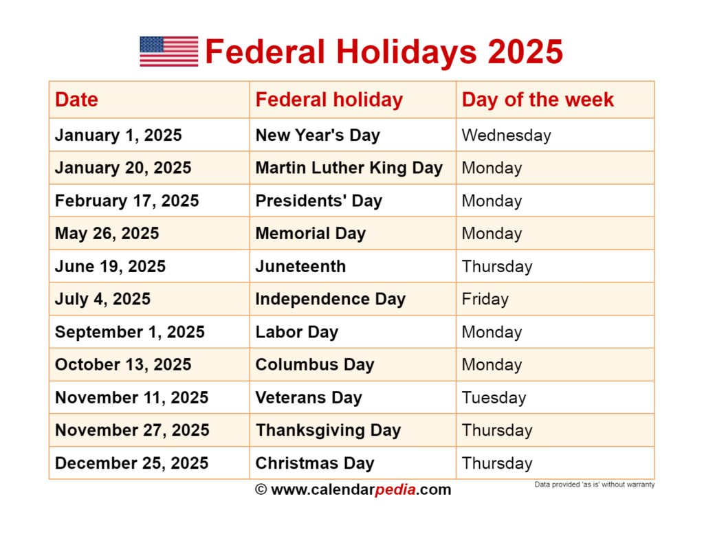 Calendar 2025 With Holidays