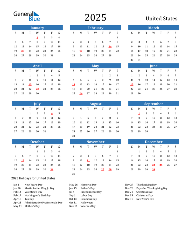 Calendar 2025 With Holidays