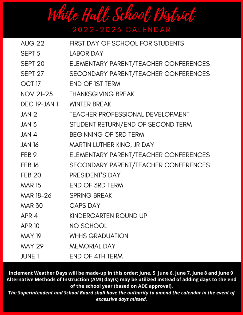 District Calendar Of Events White Hall School District