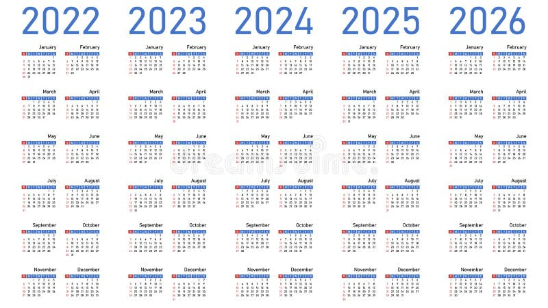 English Calendars Set For 2022 2023 2024 2025 2026 Stock Vector 