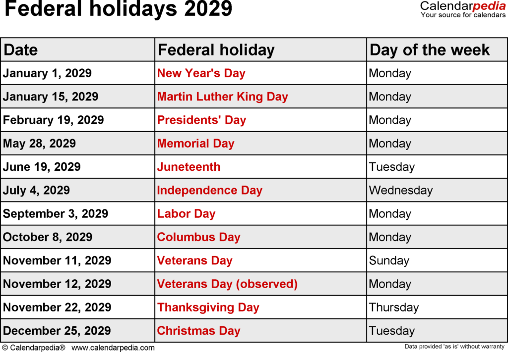 Federal Holidays 2029