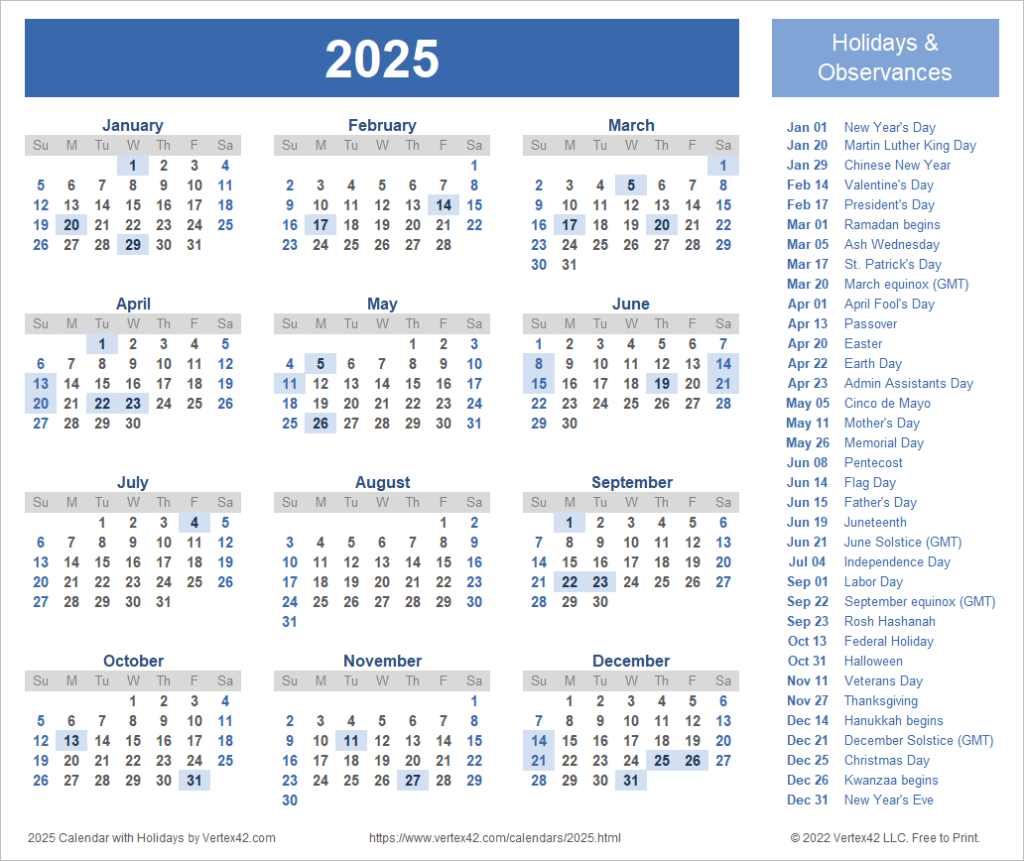 Full 2025 Calendar With Holidays Cornie Carlynn