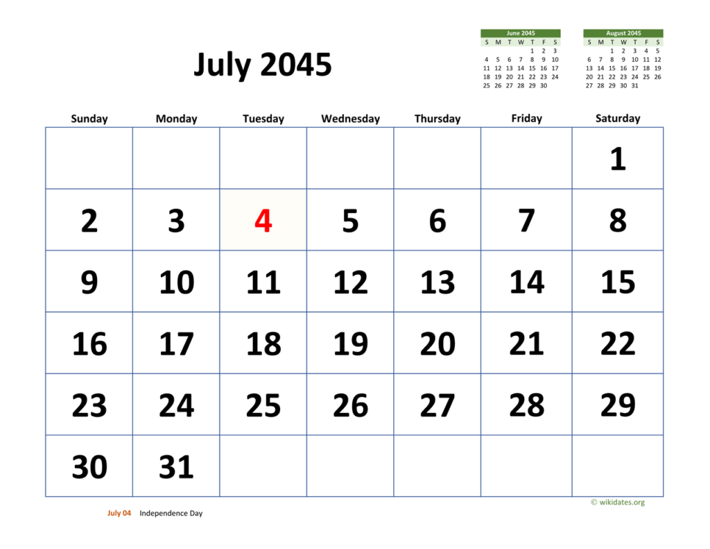 July 2045 Calendar With Extra large Dates WikiDates