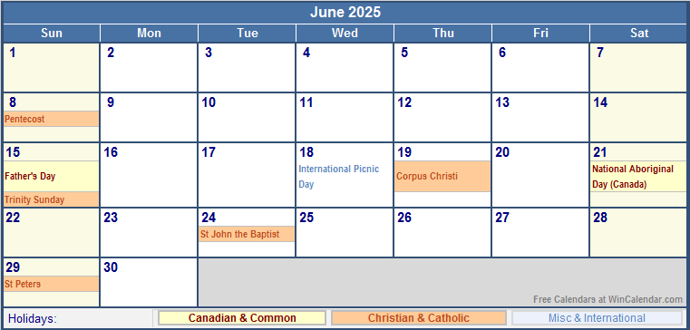 June 2025 Canada Calendar With Holidays For Printing image Format 