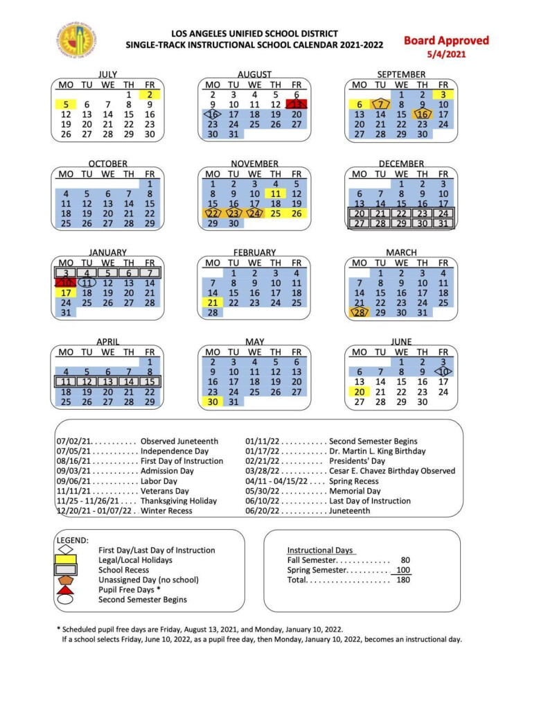 LAUSD School Calendar Calendario Escolar 2021 22 Sanchez Maria 2024 